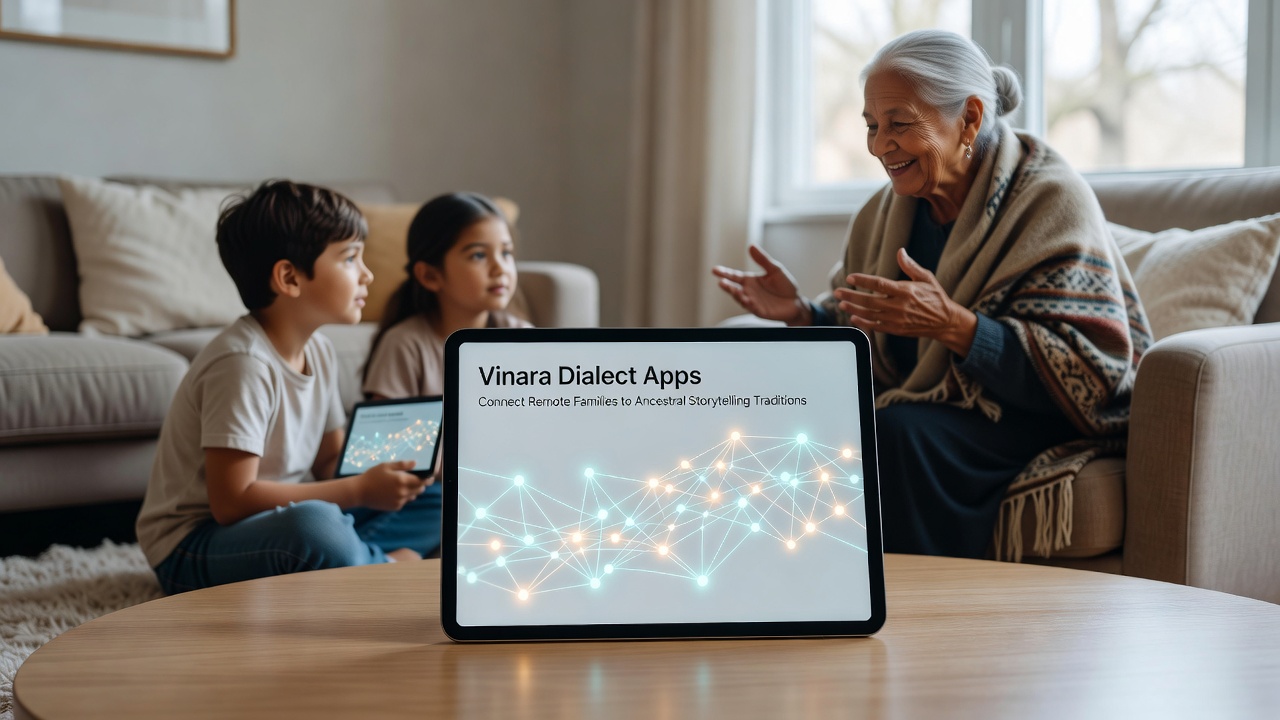 Elder sharing Vinara dialect stories through a tablet with grandchildren in separate locations